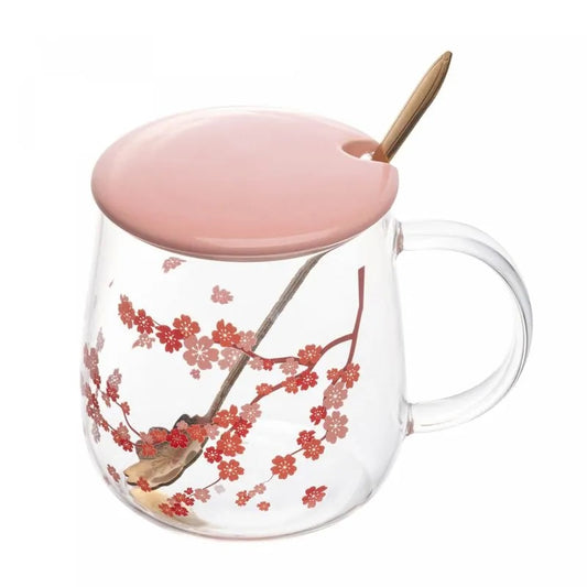 Caneca de Vidro Borossilicato Com Tampa e Colher Sakura 500ml