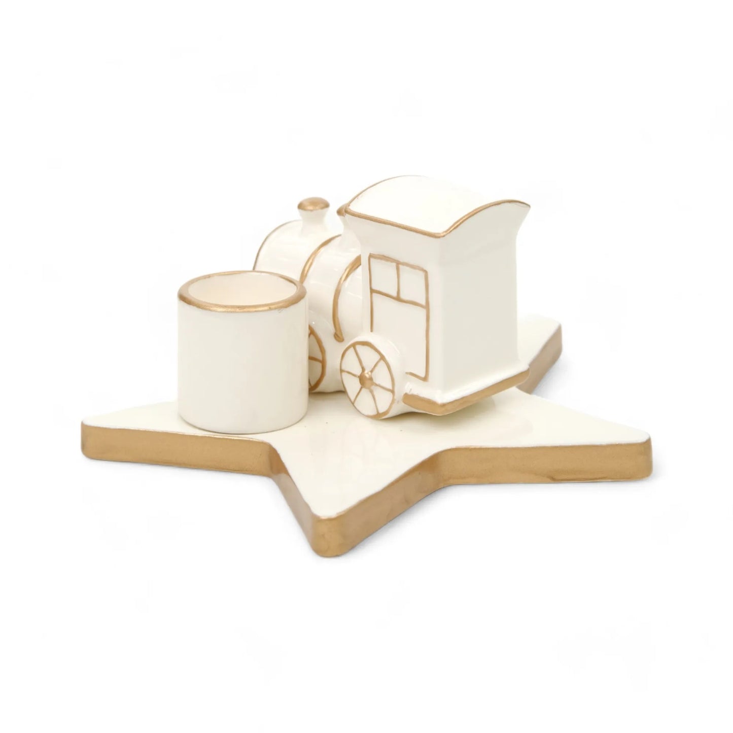 Porta Velas Trem Branco Dourado 13cm Cromus