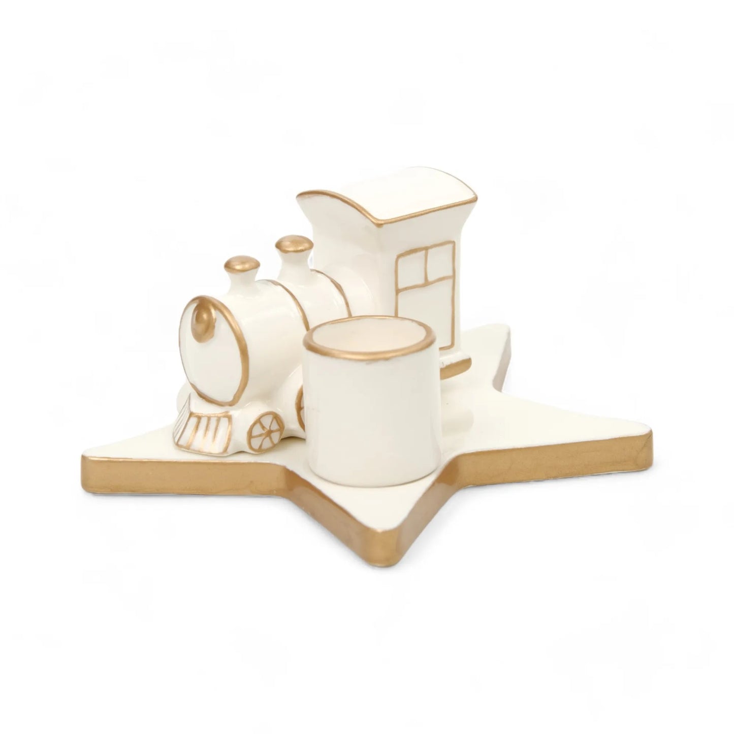 Porta Velas Trem Branco Dourado 13cm Cromus