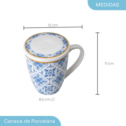 Caneca de Porcelana Super White com Tampa e Filtro Lisboa Azul/Branca Lyor 340ml