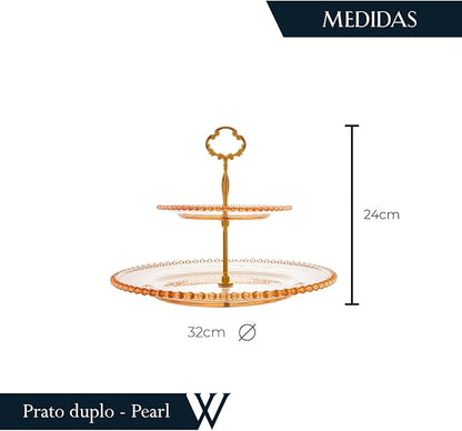 Prato Duplo Cristal de Chumbo para Doces Pearl Âmbar Metalizado 19x32x24cm