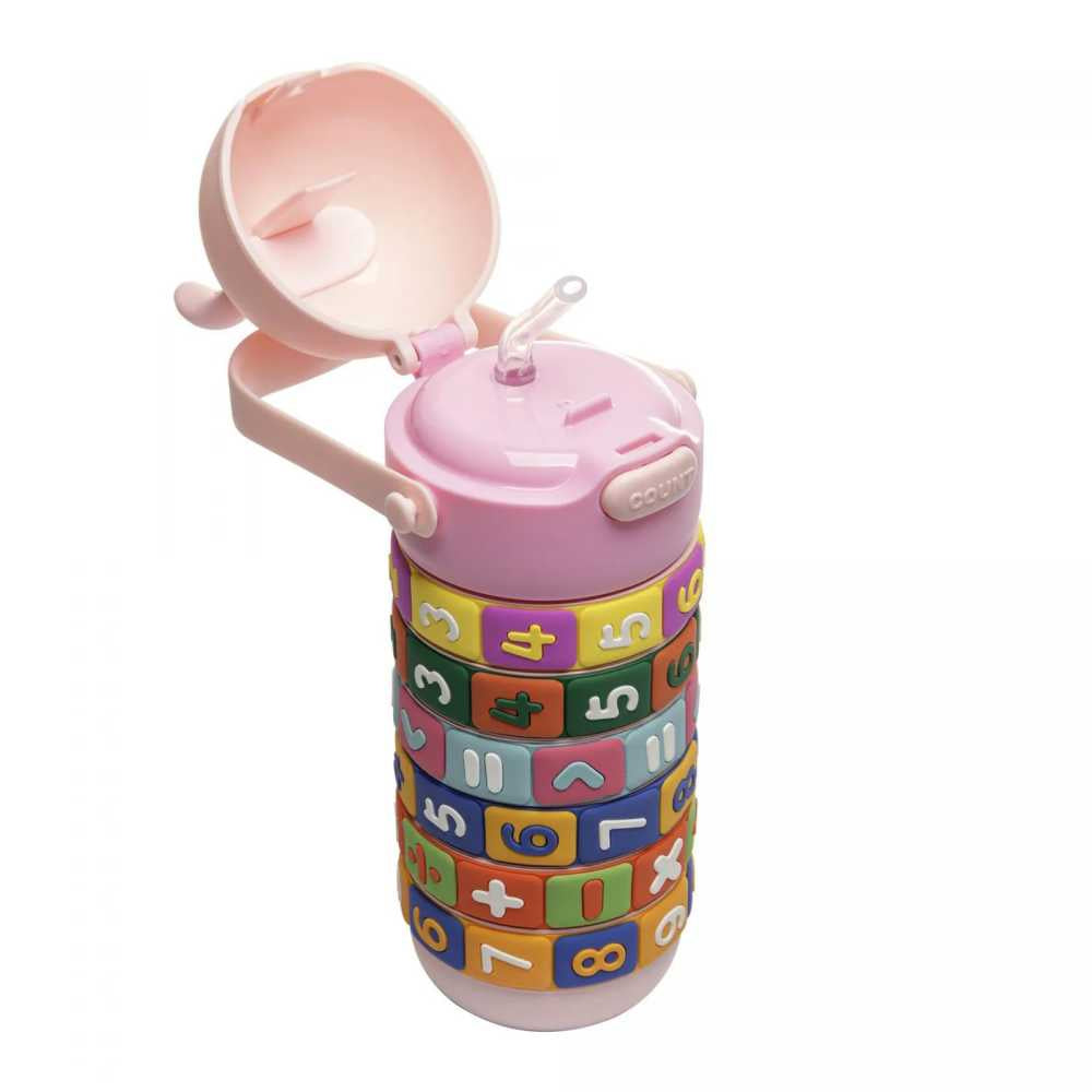 Garrafa Infantil de Plástico Wolff Educativa com Tabuada e Tampa Coelho Rosa 500ml