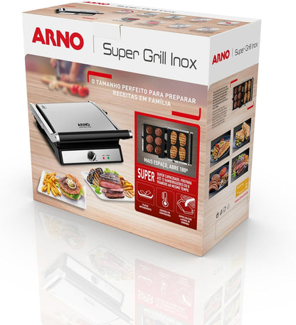 Super Grill e Sanduicheira Arno Inox com Abertura 180 Graus e Placas Antiaderentes