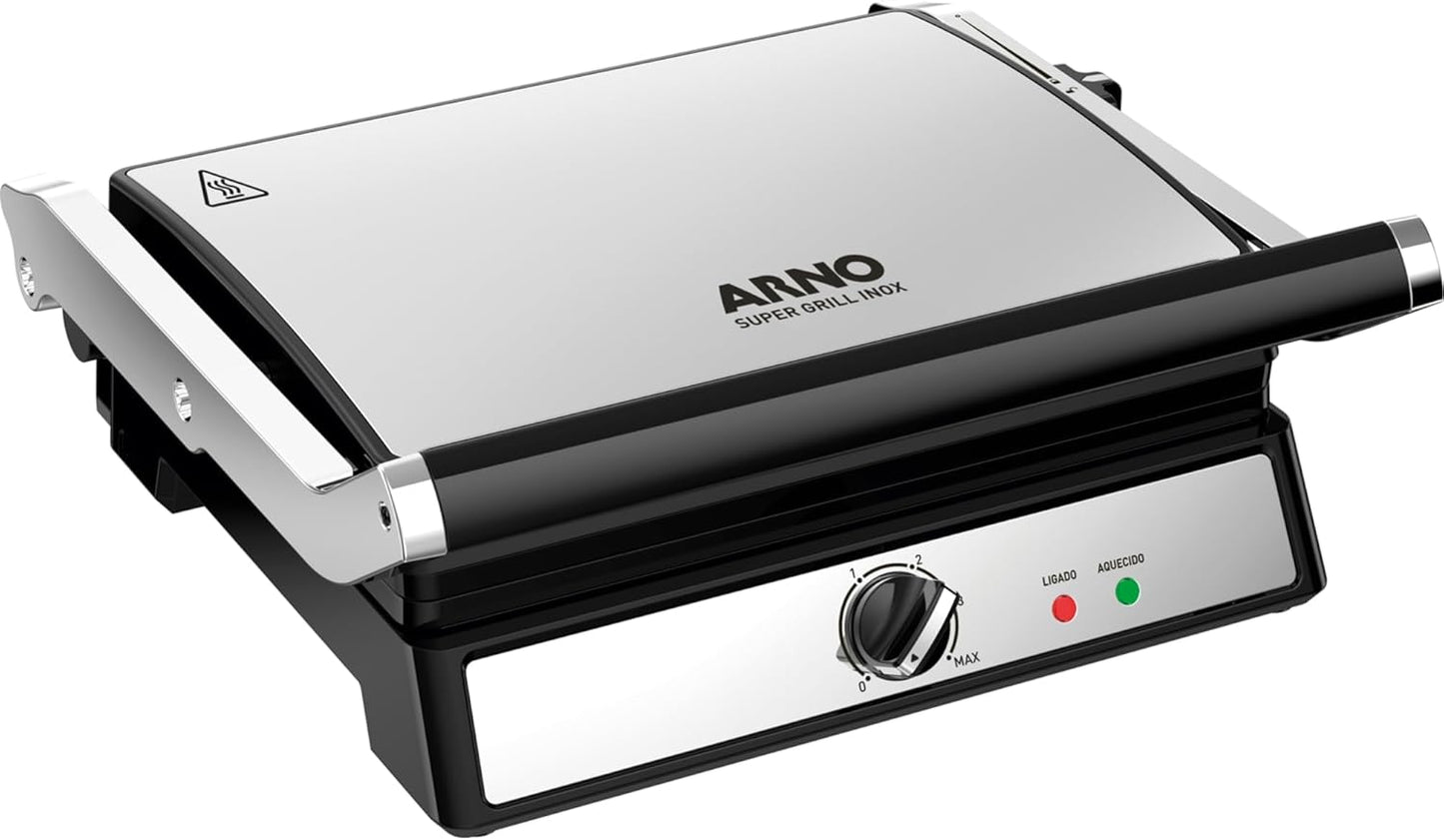 Super Grill e Sanduicheira Arno Inox com Abertura 180 Graus e Placas Antiaderentes