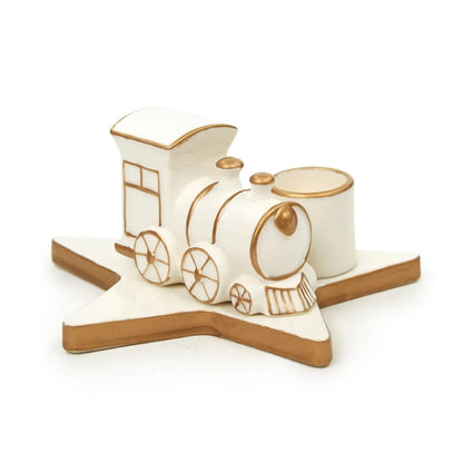 Porta Velas Trem Branco Dourado 13cm Cromus