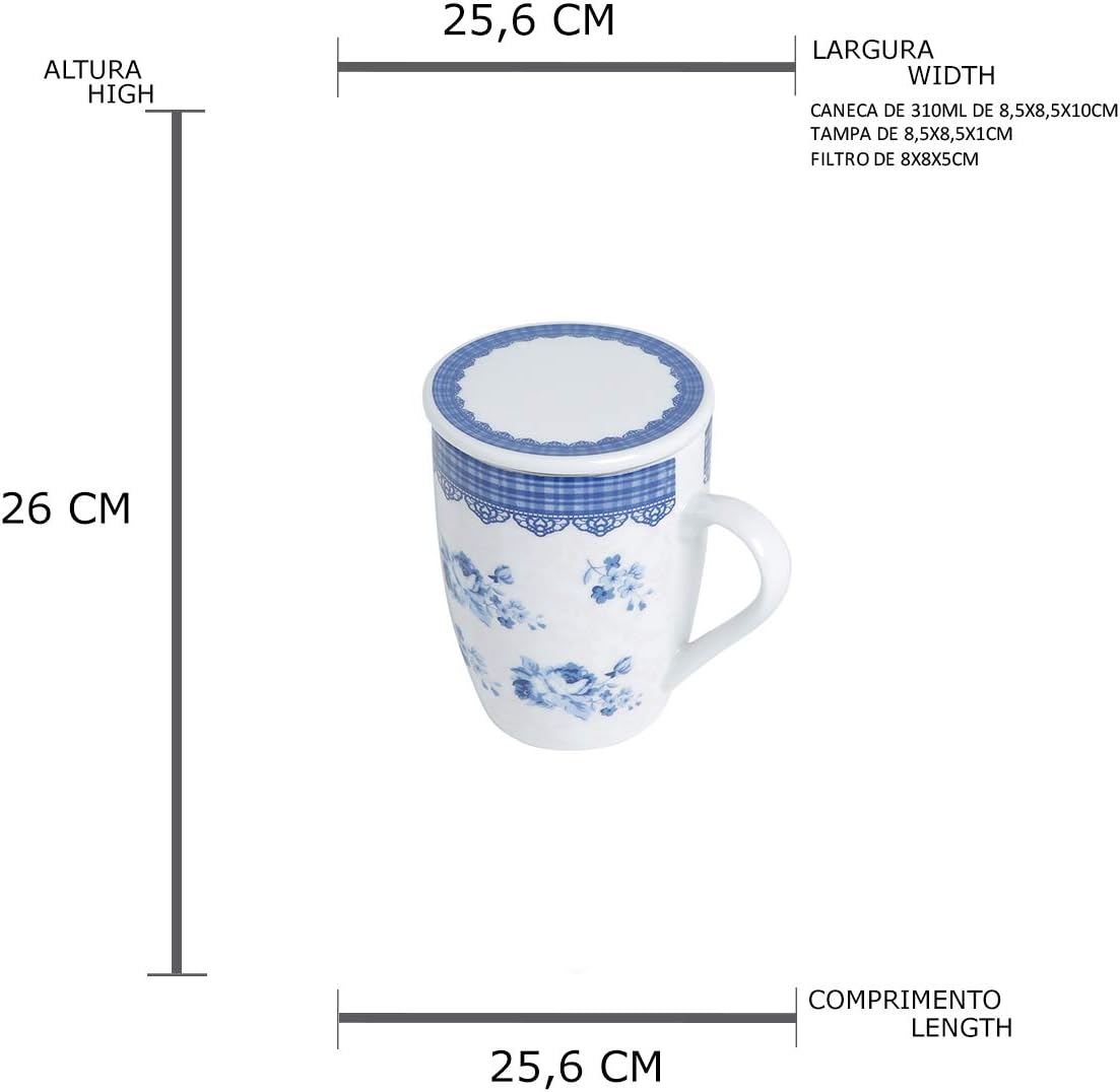 Caneca de Porcelana Super White com Tampa e Filtro Lisboa Azul/Branca Lyor 340ml