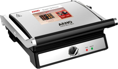 Super Grill e Sanduicheira Arno Inox com Abertura 180 Graus e Placas Antiaderentes