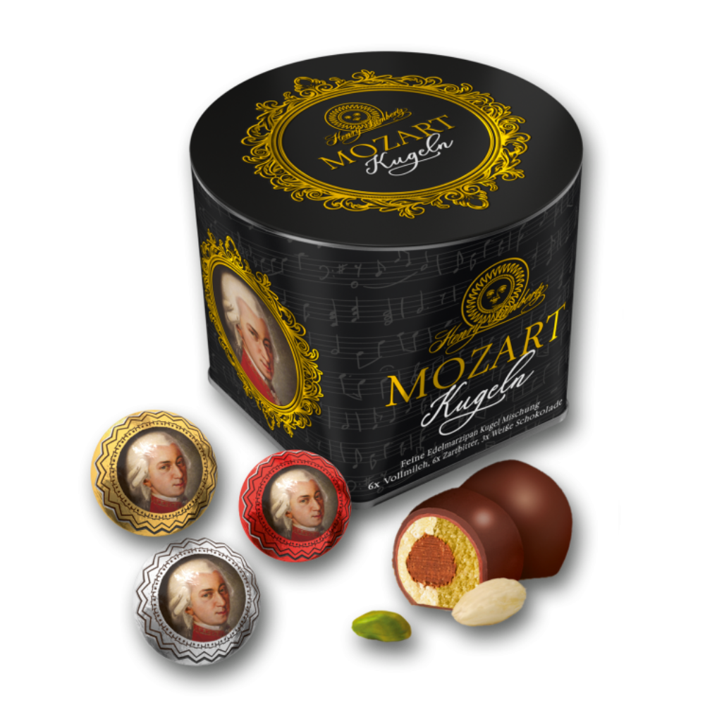 Chocolate Alemão Mozartkugeln em Lata com Pistache e Marzipan 300g