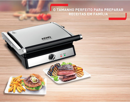 Super Grill e Sanduicheira Arno Inox com Abertura 180 Graus e Placas Antiaderentes