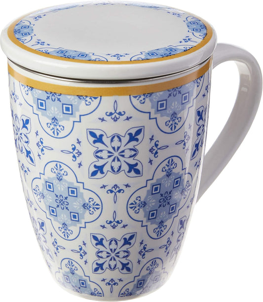 Caneca de Porcelana Super White com Tampa e Filtro Lisboa Azul/Branca Lyor 340ml