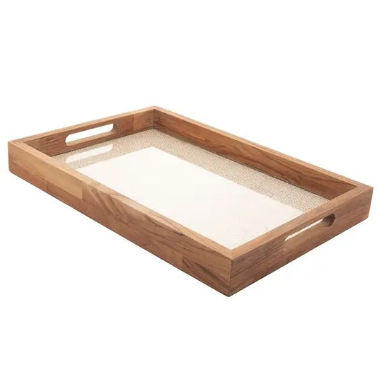 Bandeja de Madeira com Sisal Teca Wolff 45cm x 30cm x 5cm